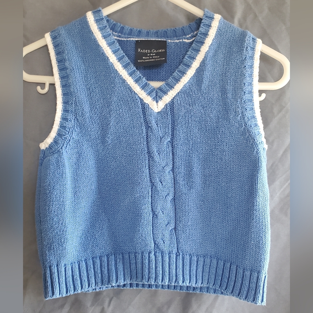 Faded Glory Baby's Blue V-Neck Sweater Vest, 100% Organic Cotton, 3-6 Months